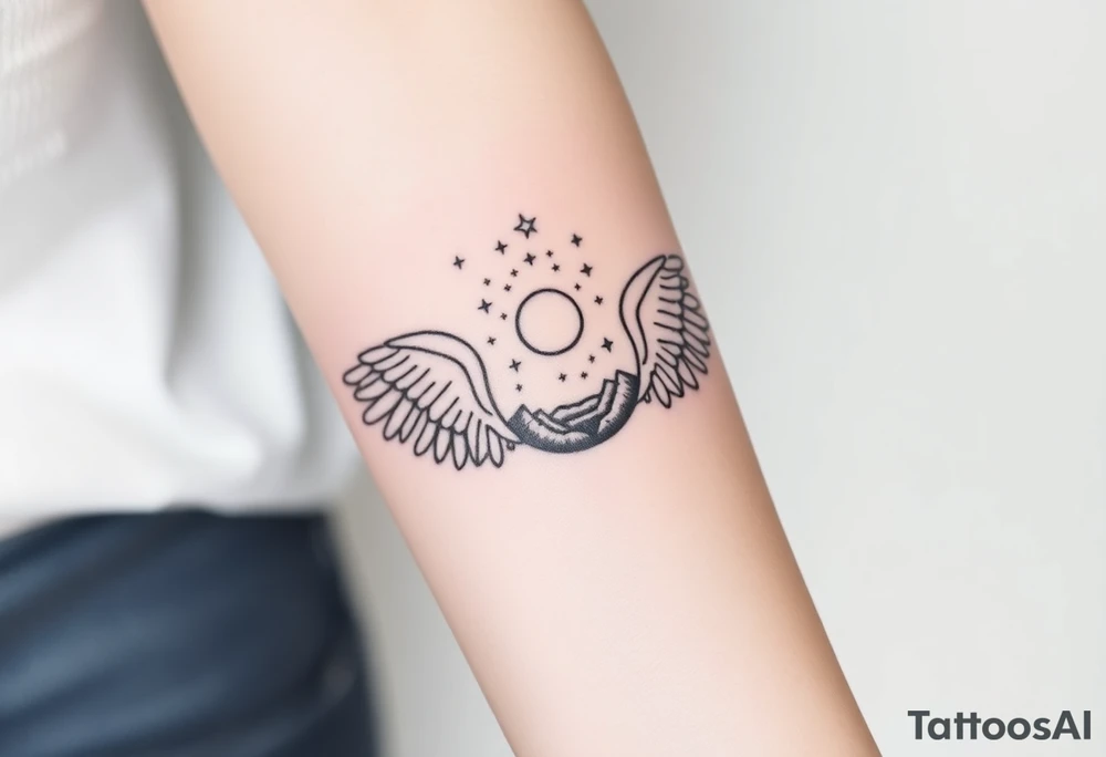 Night sky with constellation, stars & moon seen from a frame of natural landscape angel wings spiritual tattoo idea