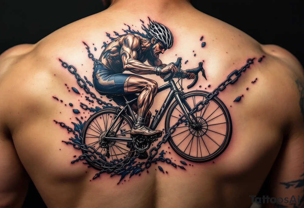 A powerful cyclist breaking through chains, symbolizing freedom and strength, with metallic silver and deep blue details. tattoo idea