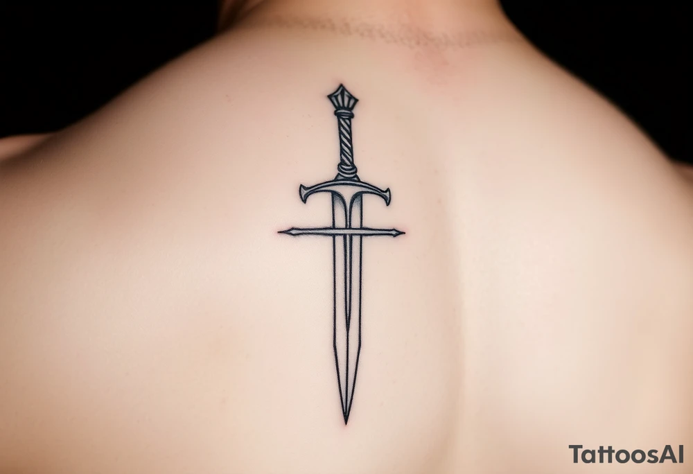 Fine line Celtic sword with a light horizontal line across the back of the blade on outside of forearm tattoo idea