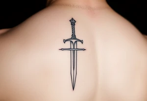 Fine line Celtic sword with a light horizontal line across the back of the blade on outside of forearm tattoo idea