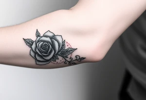 A tattoo on the forearm with a rose that goes around the forearm with space to put clouds red ink with a palm tattoo idea