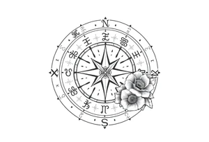 zodiac symbols the elements and Norse runes within ornate compass with roses lilly sunflowers tattoo idea
