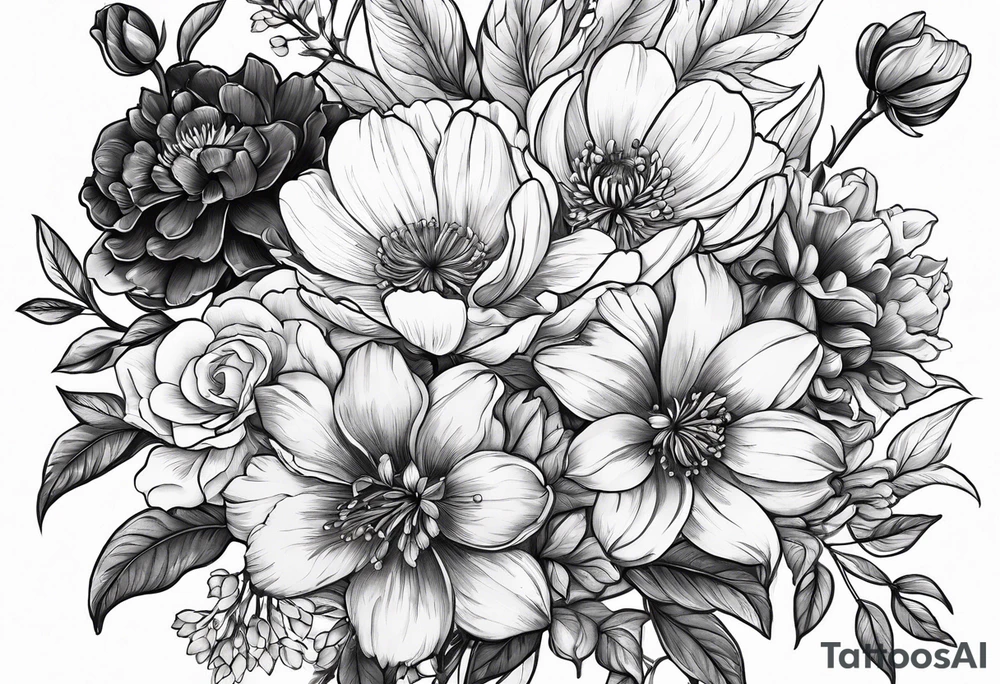 birth flower bouquet with February March August August and October birth flowers tattoo idea