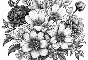 birth flower bouquet with February March August August and October birth flowers tattoo idea