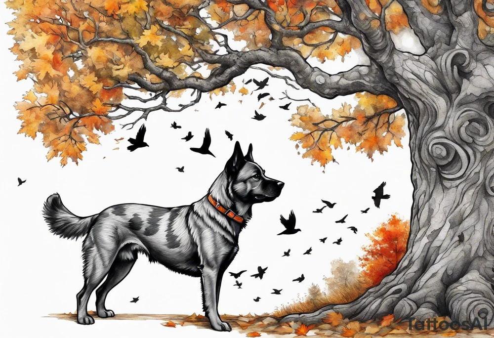 Autumn tree with a medium size grey brindle dog sitting to the right facing it looking up and birds flying from the top right of the tree tattoo idea