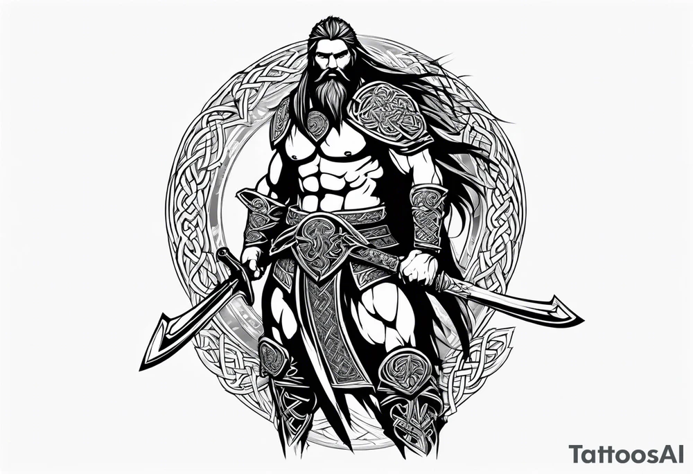 Full body side profile of Celtic warrior with weapons unsheathed tattoo idea