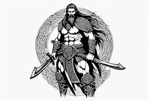 Full body side profile of Celtic warrior with weapons unsheathed tattoo idea