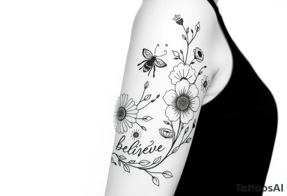 shoulder and three quarter sleeve.  Include crow, honey bee, dandelion puffball, daisy, poppy flower, hawaii flower, dragon flower, the word believe, sprite fairy, dog wood flower, dates: 01/20/85, 5/31/91, 6/10/99, surrounded by floral ornaments and leaves tattoo idea