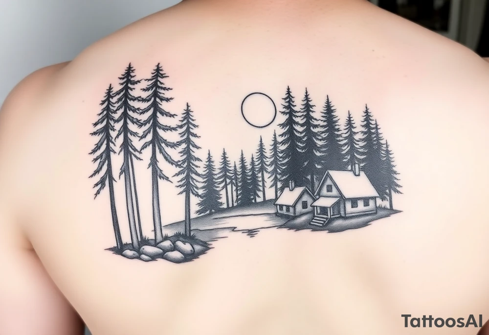 Black and white tattoo on the bottom half of the arm.  Tall trees in the woods surrounded by a lake.  With a cabin to the right front.  And a moon reflecting off the lake. tattoo idea