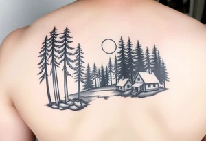 Black and white tattoo on the bottom half of the arm.  Tall trees in the woods surrounded by a lake.  With a cabin to the right front.  And a moon reflecting off the lake. tattoo idea