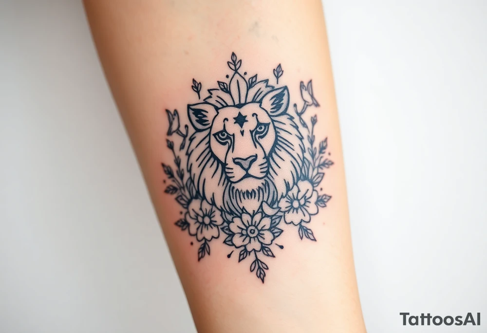powerful majestic lion with a crown, surrounded by floral ornaments and birds tattoo idea