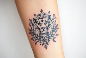 powerful majestic lion with a crown, surrounded by floral ornaments and birds tattoo idea