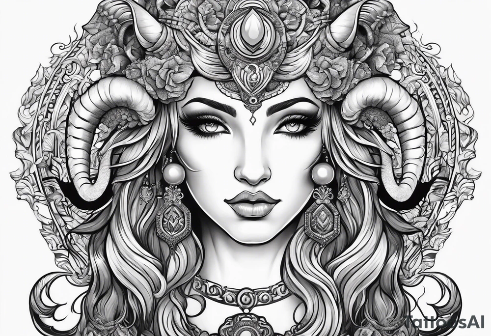 Aries goddess with ram horns tattoo idea