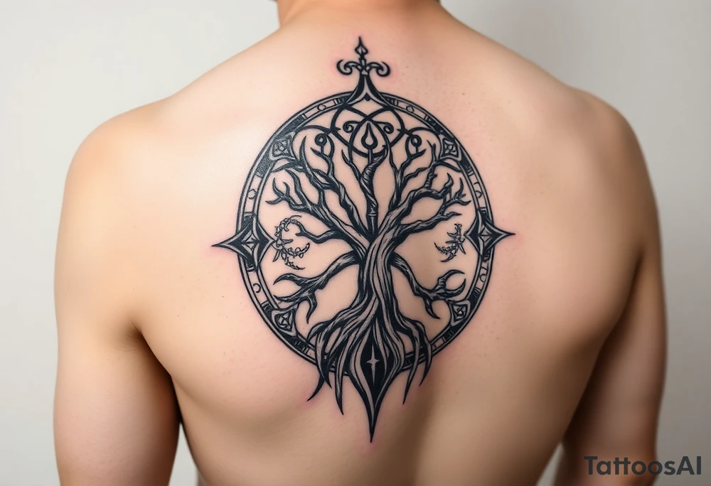 Norse sleeve tattoo which include web of wyrd, ÆGISHJÁLMR, Vegvisir, Yggdrasil, tattoo idea