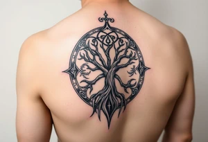 Norse sleeve tattoo which include web of wyrd, ÆGISHJÁLMR, Vegvisir, Yggdrasil, tattoo idea