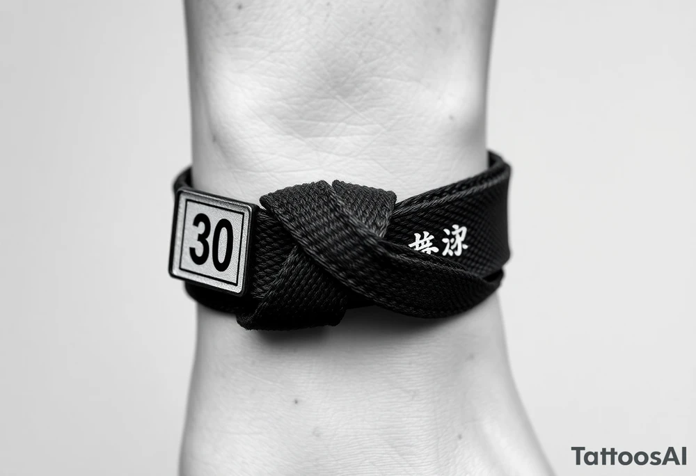 A realistic black and gray tattoo of a Brazilian Jiu-Jitsu black belt wrapping around the wrist like a bracelet. The belt is tied in a knot with one end showing the number 30 and the other showing 24. On the flat end of the belt, two Japanese kanji characters are inked in white: 成長 (growth) and 忍耐 (perseverance). The belt has subtle stitch marks and worn, textured shading for a slightly distressed, authentic look. The style is clean, symbolic, and bold, designed to wrap naturally around the wrist like a wristband.” tattoo idea