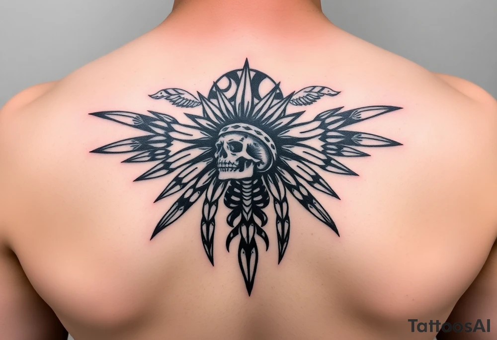 Traditional cherokee chief skeleton with spirit animals in the sky and moon and hazy clouds in the backdrop tattoo idea