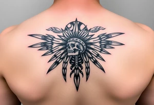 Traditional cherokee chief skeleton with spirit animals in the sky and moon and hazy clouds in the backdrop tattoo idea