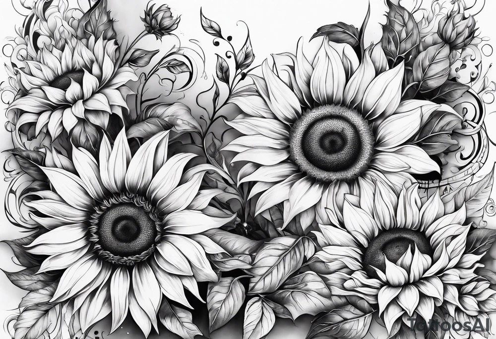 Sunflowers and angel wings leg sleeve tattoo idea