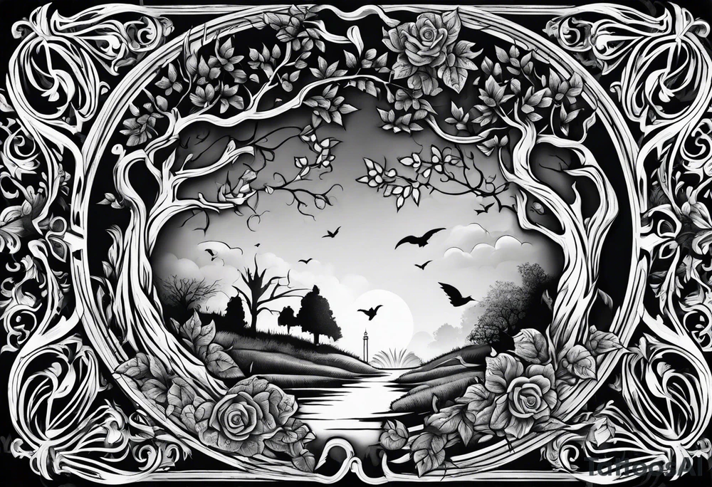 Leafy vines with grave yard tattoo idea