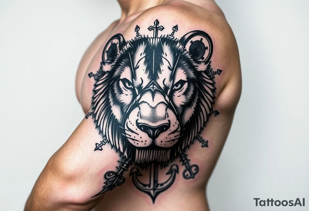 a fragmented depiction of a lions face revealing the eyes and face of both a Wolf and Bear, Compass Gears and an Anchor tattoo idea