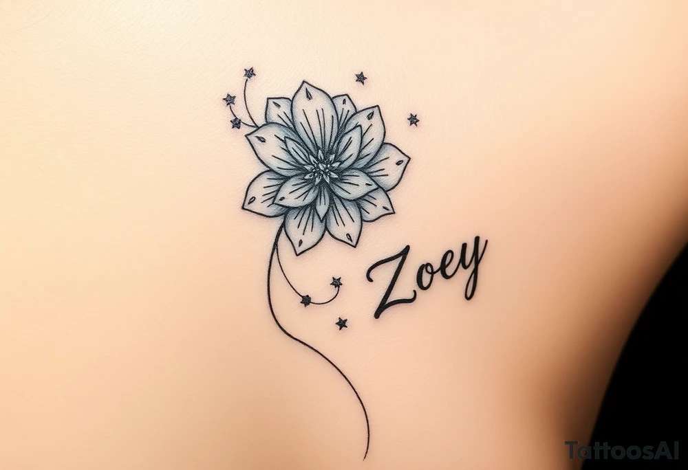 I want it on my wrist. I want a beautiful flower on the inside of my wrist with tendrils down the inside of my arm with little delicate stars or motes and the name Zoey

Why are you showing it on a back? I want it on the inside of my wrist

I want it to be a little smaller. I want the lines to be super fine. I want more organic delicate tendrils. The name Zoey should be about 3" up on the inside of my arm tattoo idea