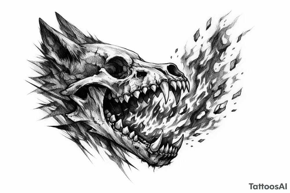 A skeletal wolf head with fiery embers rising from its jaws. tattoo idea