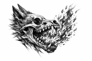 A skeletal wolf head with fiery embers rising from its jaws. tattoo idea