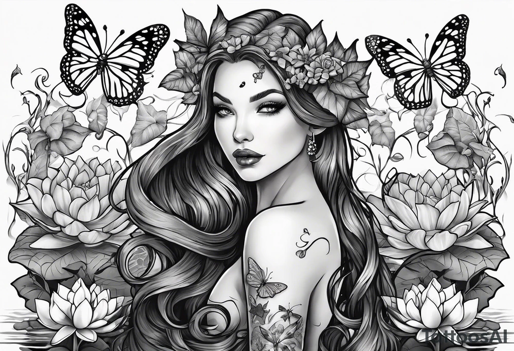 poison ivy plant wrapped around a hand holding water lilies surrounded with butterflies around with “Zane”, “Nate”, “Jaiden” tattoo idea