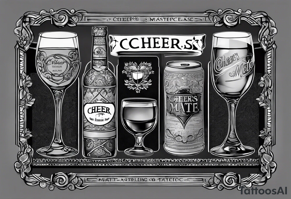 "Cheers Mate" text black and grey ink armband, intricate, artistic +abstract +grey Cancer Ribbon +toasting bourbon glass tattoo idea