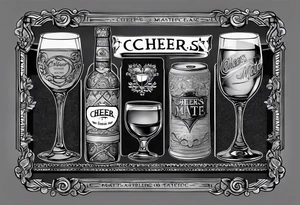 "Cheers Mate" text black and grey ink armband, intricate, artistic +abstract +grey Cancer Ribbon +toasting bourbon glass tattoo idea