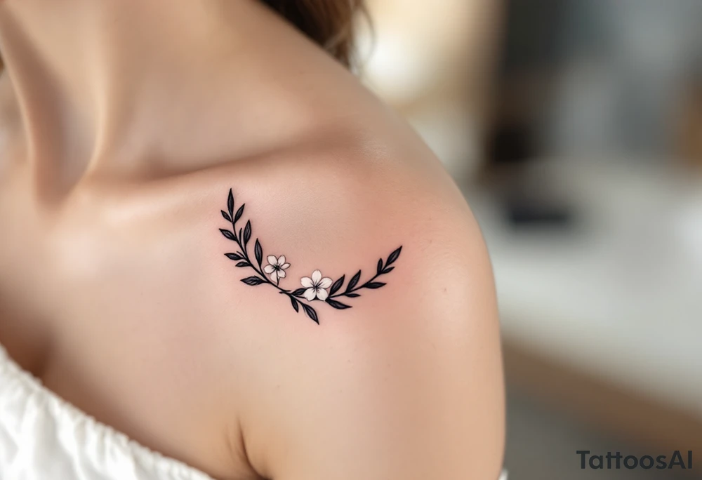 Minimalist Black and White Wreath – A simple yet striking wreath design in black ink, with delicate thin leaves and a few small white flowers, focusing on clean lines and contrast. tattoo idea
