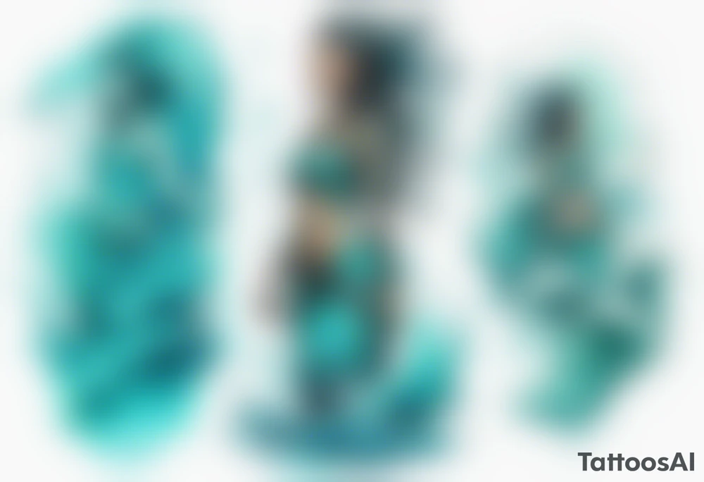 a turquoise Na'vi woman standing in the sea surrounded by crashing waves tattoo idea