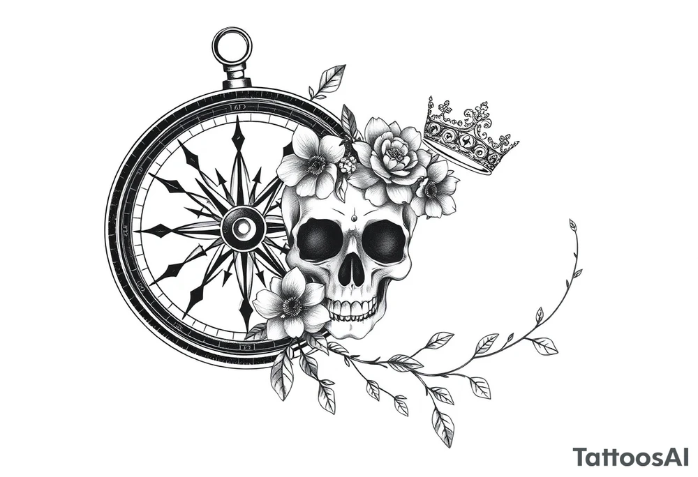 Compass with detailed beautiful gothic boho flowers on vine and skull with gorgeous crown tattoo idea