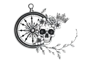 Compass with detailed beautiful gothic boho flowers on vine and skull with gorgeous crown tattoo idea