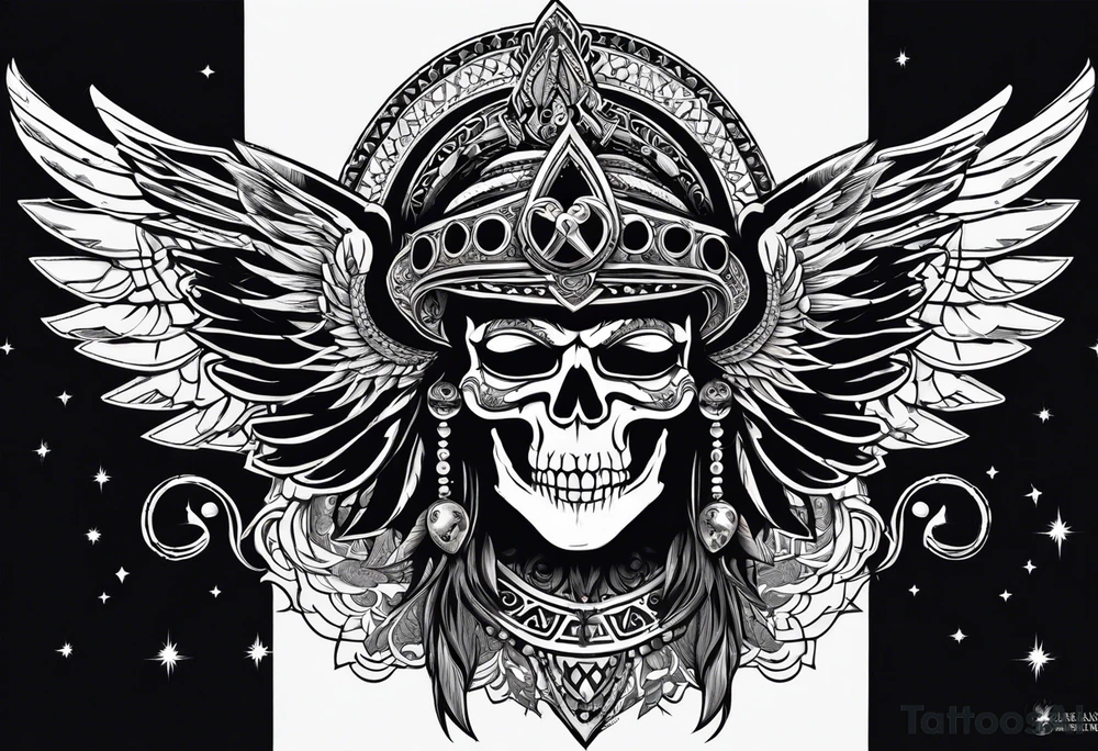 black kali, goddess pirate, alien, pachamama, valkrye, warrior, skull, lotus azul, wing, eagle, zenza resonance, stars, 5D tattoo idea