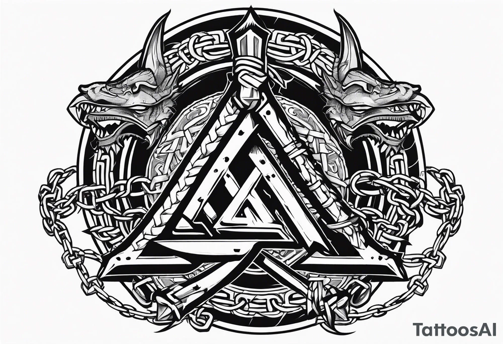 Valhalla sword shield dragon axe Valknut barbed wire chains tattoo idea Valhalla sword shield dragon axe Valknut barbed wire chains tattoo idea