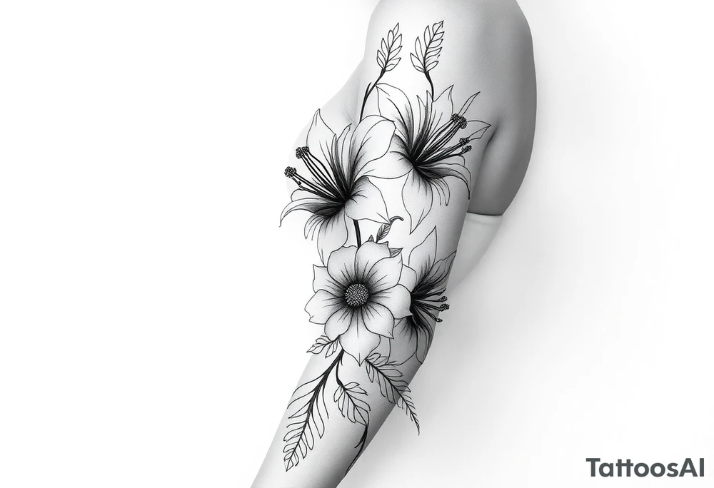 floral composition for sleeve of lycoris flowers with japanese vibe, mutiple ornemental patern and leaf, dot geometric ornement, tattoo idea