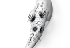 floral composition for sleeve of lycoris flowers with japanese vibe, mutiple ornemental patern and leaf, dot geometric ornement, tattoo idea