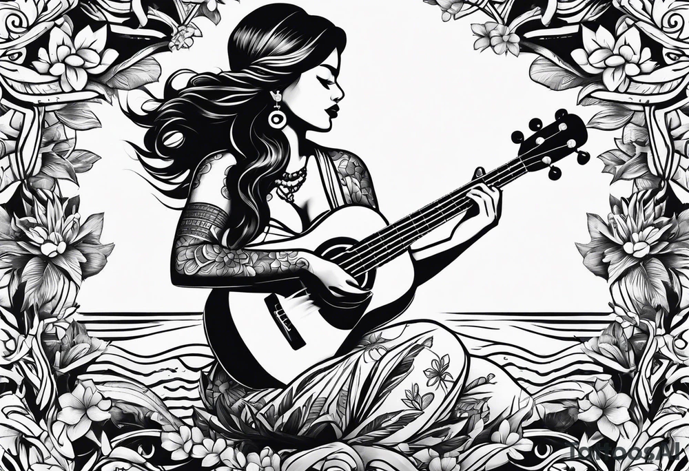 body of hula girl squating and dance with ukulele tattoo idea