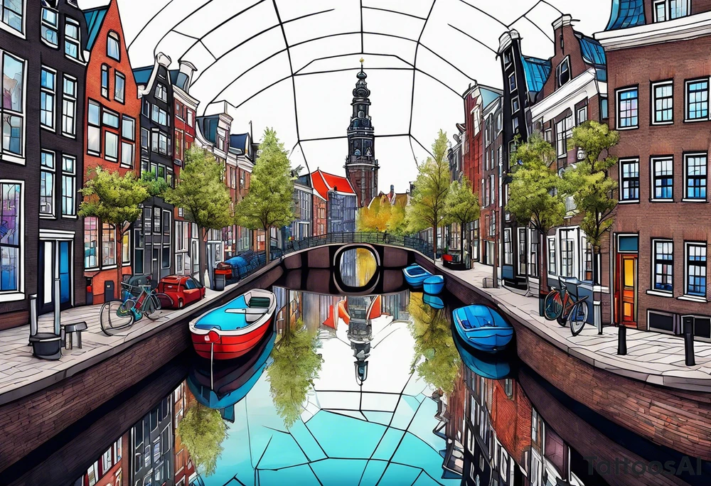 Tattoo of amsterdam buildings and canal featuring glass, animals and pineapples in galaxy colours tattoo idea