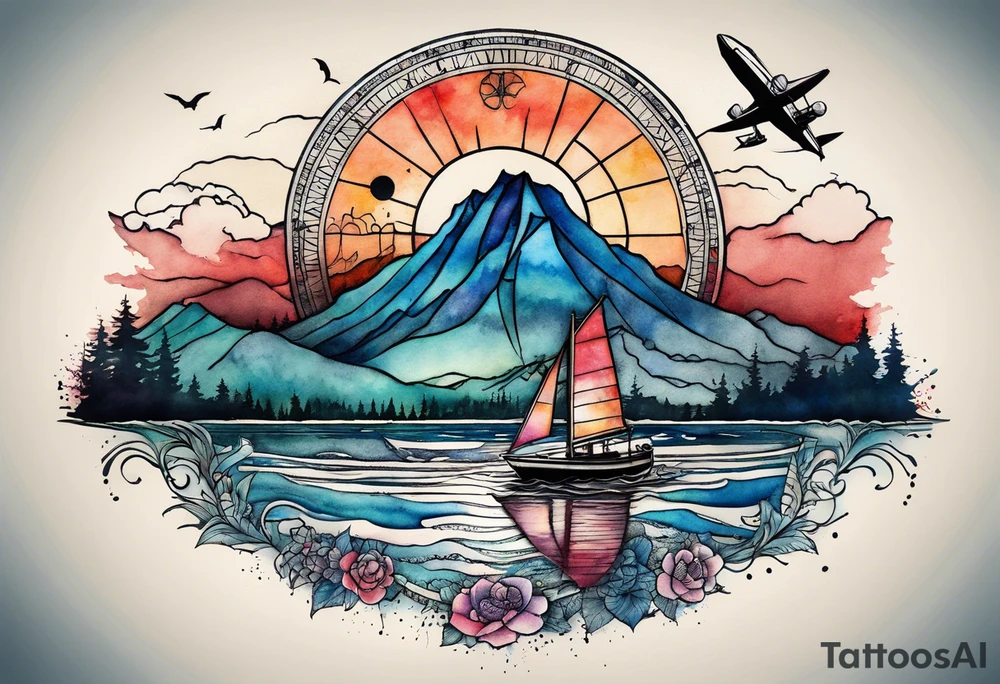 compass rose with half moon bay, mountains, Kansas city skyline and 
Arc de Triomphe, spilled watercolor and tiny jet plane silhouette and a tiny ski boat in the water tattoo idea