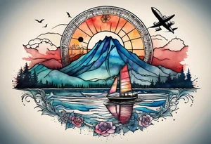 compass rose with half moon bay, mountains, Kansas city skyline and 
Arc de Triomphe, spilled watercolor and tiny jet plane silhouette and a tiny ski boat in the water tattoo idea