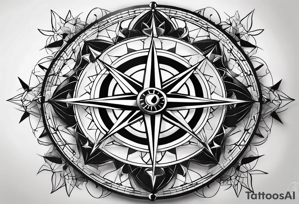 a classic compass rose as the central element, Overlaying the compass rose is a simplified molecular structure of serotonin tattoo idea