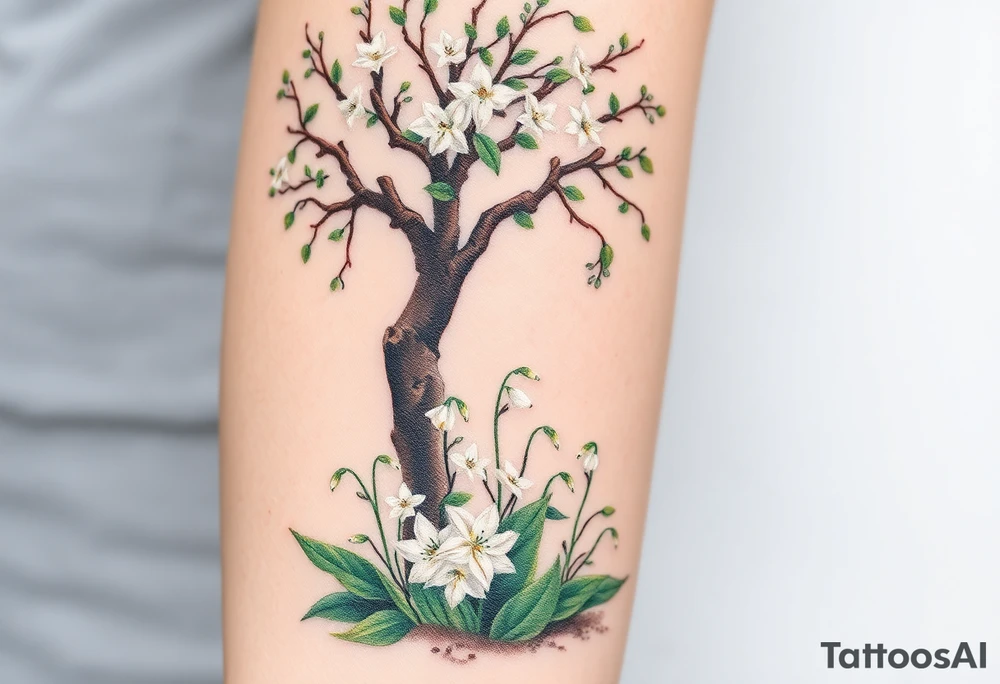 White flowering Lilly of the vally plants on ground underneath a blooming hawthorn tree tattoo idea