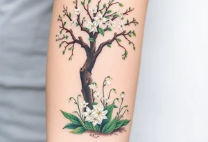 White flowering Lilly of the vally plants on ground underneath a blooming hawthorn tree tattoo idea