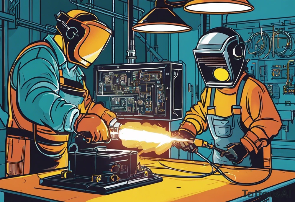 Two 60-year-old characters working together on creating a big mechanism made of iron and electronic circuits. The first character is a welder, dressed in a welding suit and mask. The second character is a fitter, wearing a shirt with sleeves rolled up to the forearms and a tool belt. No hat. The mechanism they are working on should be in the center of the drawing, should look like a heart and to be 1\5 of the whole immage.  Characters positioned on either side of the mechanism. The sketch should convey a sense of teamwork and craftsmanship tattoo idea