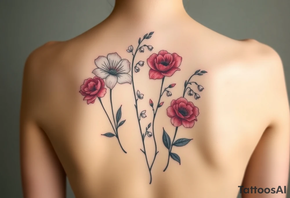 Carnation, Astor, Rose, Lily of the valley, Larkspur with realistic, stems, running down middle of the back tattoo idea