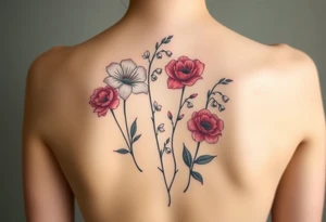 Carnation, Astor, Rose, Lily of the valley, Larkspur with realistic, stems, running down middle of the back tattoo idea