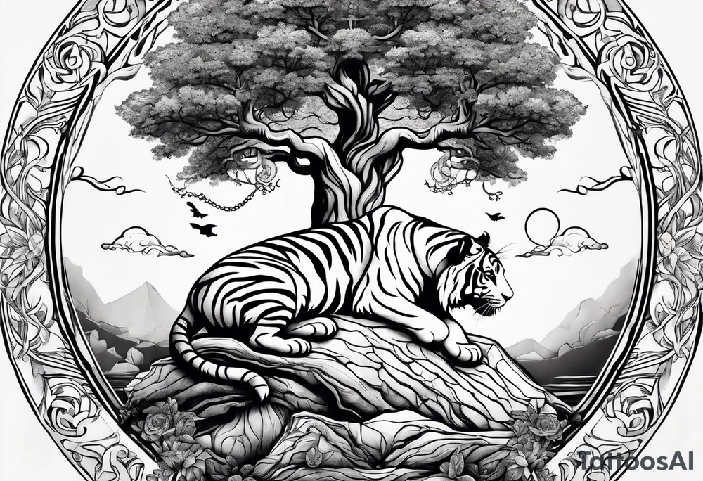 Tree of life with a tiger and a crown tattoo idea
